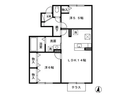 リビングタウン浜田B棟(2LDK/1階)の間取り写真