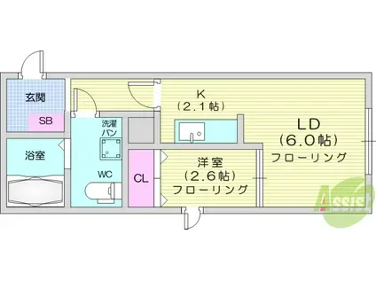 メリディアン国見駅前四番館(1DK/2階)の間取り写真