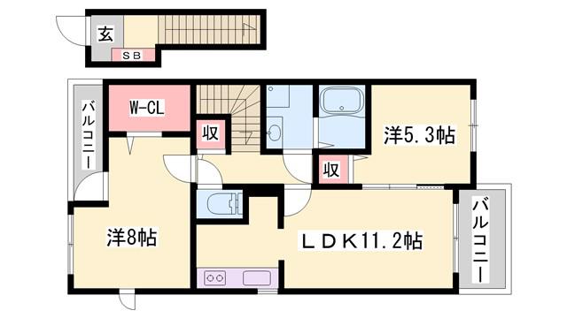 ソレイユ壱番館 B(2LDK/2階)の間取り写真
