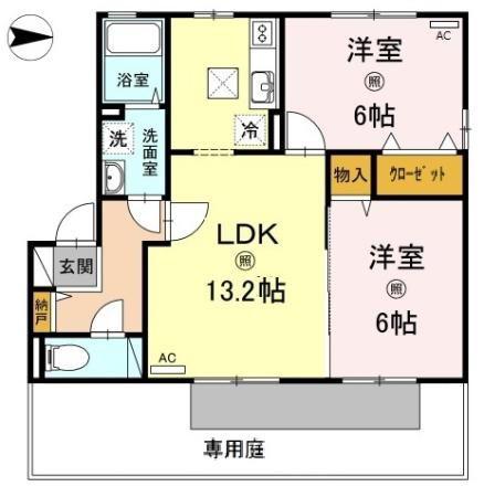 クレセント北峰 B(2LDK/1階)の間取り写真