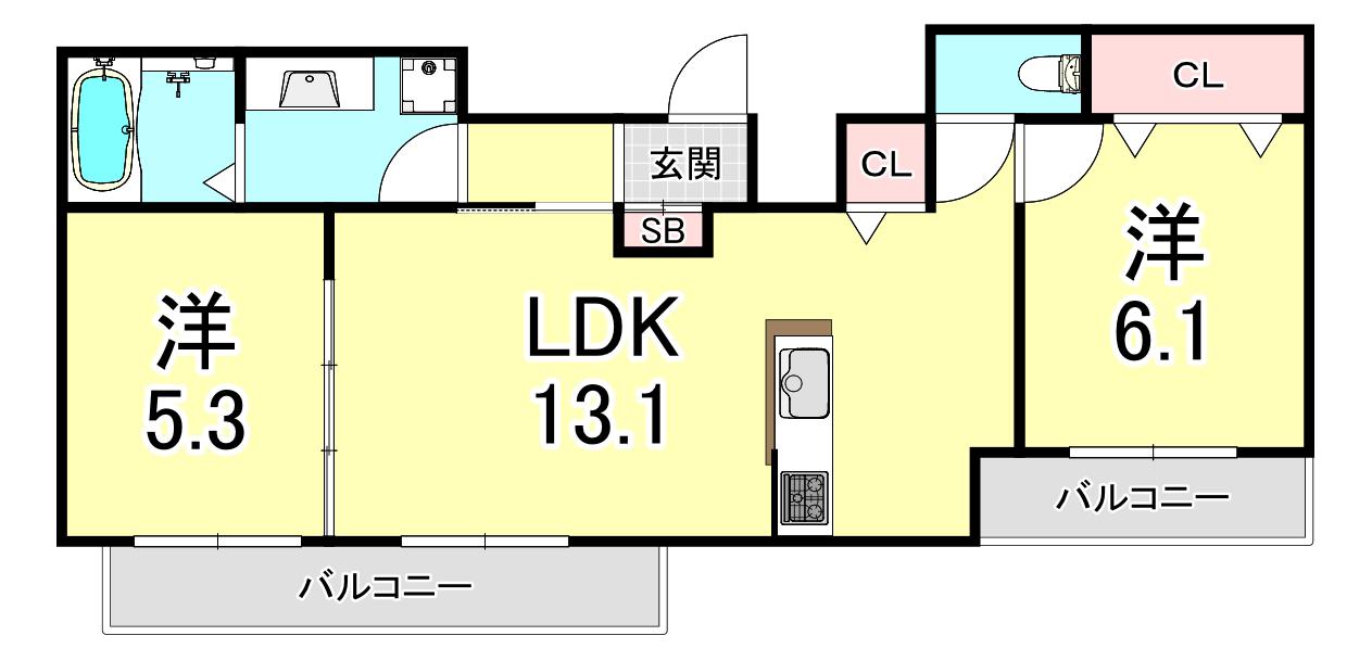 ワン ウェーブ霞ヶ丘(2LDK/1階)の間取り写真