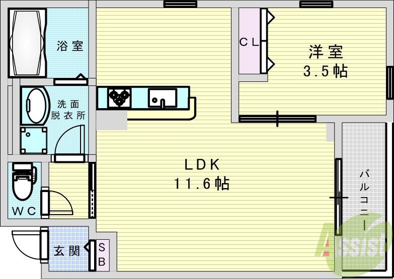 AMOUR VILLE江坂(1LDK/2階)の間取り写真