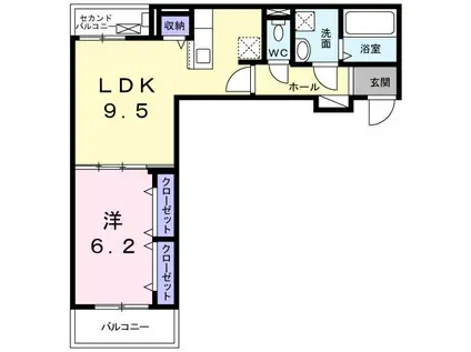 近鉄橿原線 九条駅(奈良) 徒歩2分 3階建 築1年(1LDK/2階)の間取り写真