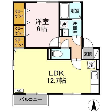 オークスドュール・ウルゲ B棟(1LDK/2階)の間取り写真