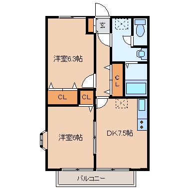 ルミエール砂押(2DK/2階)の間取り写真