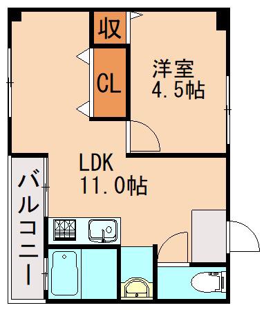 竜王ハイツ(1LDK/4階)の間取り写真