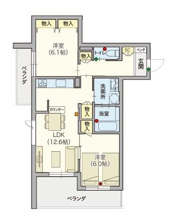 ヘーベルVILLAGE 中央林間8丁目 ベルフルール(2LDK/2階)の間取り写真
