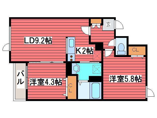 ラコルテデルソーレ(2LDK/2階)の間取り写真