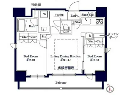 グランパセオ八丁堀II(2LDK/6階)の間取り写真