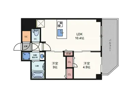 エスリードレジデンス ザ・グラン南堀江(2LDK/3階)の間取り写真