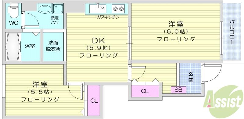 ボヌールあべ(2DK/1階)の間取り写真