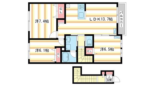 ヴァンヴェール生駒(3LDK/2階)の間取り写真