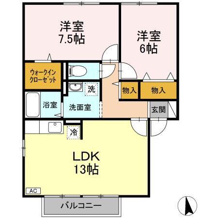 アシュランスA棟(2LDK/1階)の間取り写真