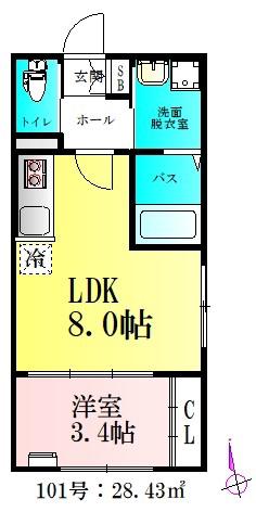 BAU北仙台(1LDK/1階)の間取り写真