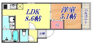 フジパレス東桜木町イースト(1LDK/2階)の間取り写真