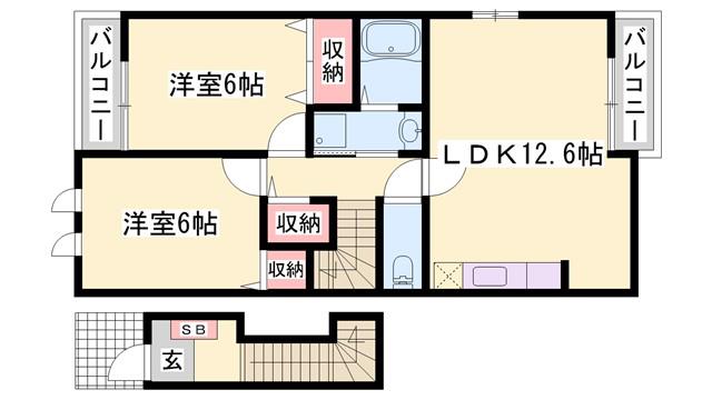 プラシード和 上郡B棟(2LDK/2階)の間取り写真