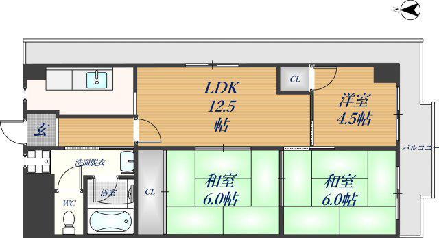 グランドール福川(3LDK/6階)の間取り写真