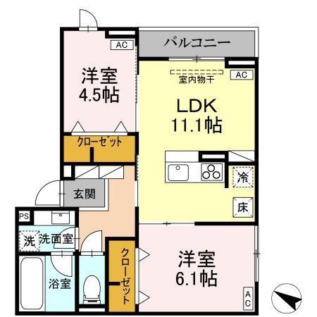 アセット-コート錦町2(2LDK/1階)の間取り写真