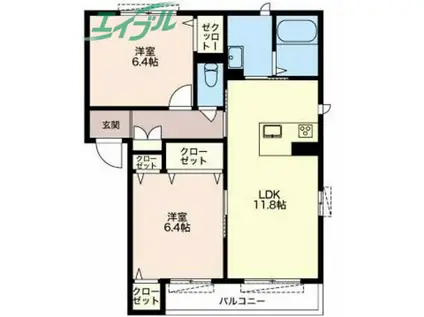 エスペラールC(2LDK/2階)の間取り写真