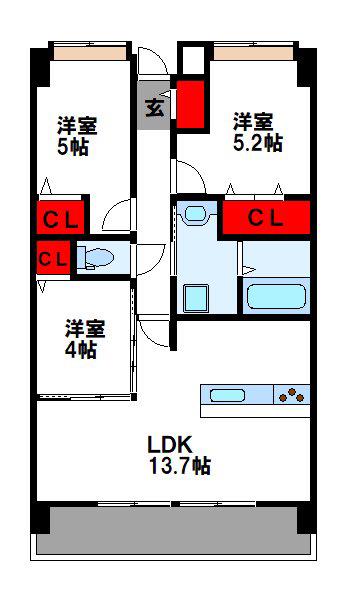 プラトウズ仲原(3LDK/4階)の間取り写真