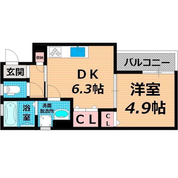コンフォート菊水通(1DK/3階)の間取り写真