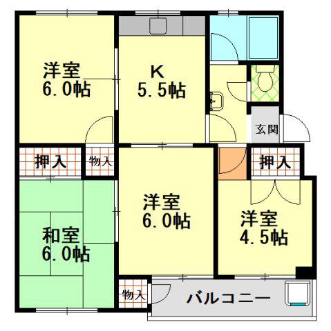 神陵台北65号棟(4DK/2階)の間取り写真