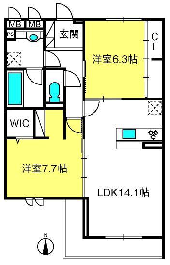 ピース ラ ヴィータ W(2LDK/2階)の間取り写真