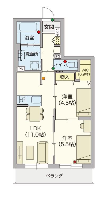 ヘーベルVILLAGE 藤沢1丁目 藤沢陣屋小路レジデ(2LDK/2階)の間取り写真