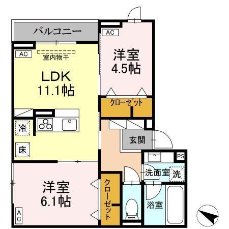 アセット-コート錦町2(2LDK/1階)の間取り写真