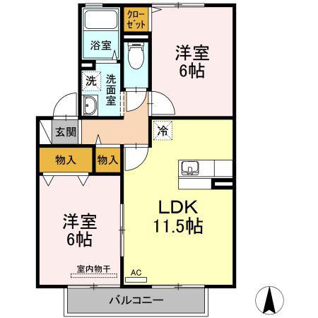サンセール B棟(2LDK/2階)の間取り写真