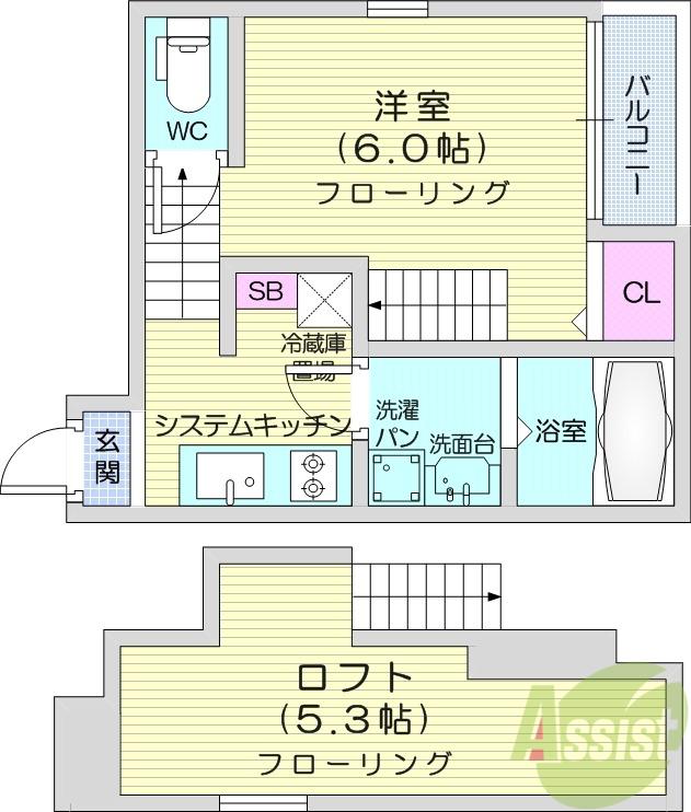 ハーモニーテラス新田Ⅱ(1K/2階)の間取り写真