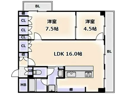 サングリエ阿倍野(2LDK/4階)の間取り写真