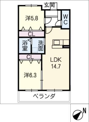 カーサノーバ南山A(2LDK/2階)の間取り写真