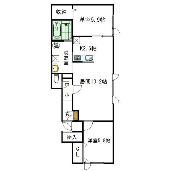 リュミエールB棟(2LDK/1階)の間取り写真