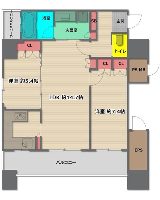 リーガルタワー大阪(2LDK/14階)の間取り写真