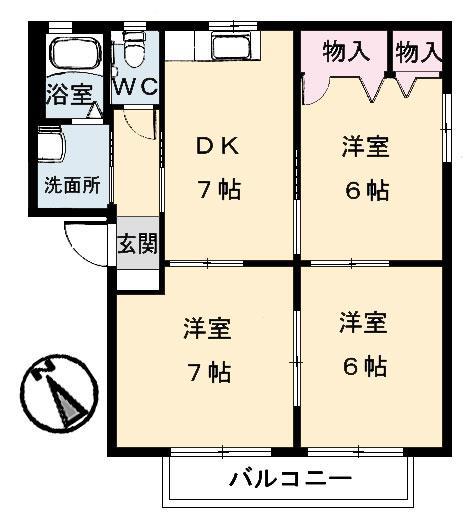 グリーンベル海岸通 B棟(3DK/2階)の間取り写真