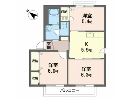 ウエスタンキャッスルB(3K/2階)の間取り写真