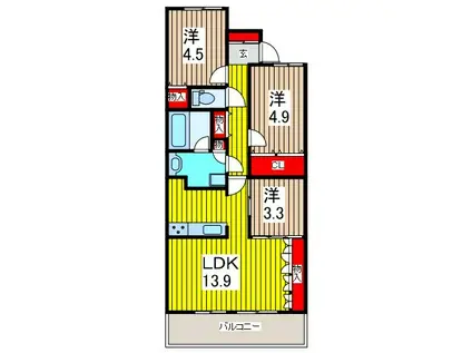 リボンシティレジデンス ブライトフォート(3LDK/13階)の間取り写真