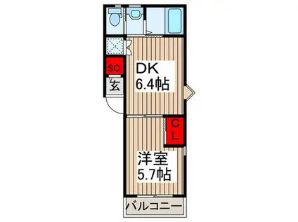 ハピネスアイル大成(1DK/2階)の間取り写真