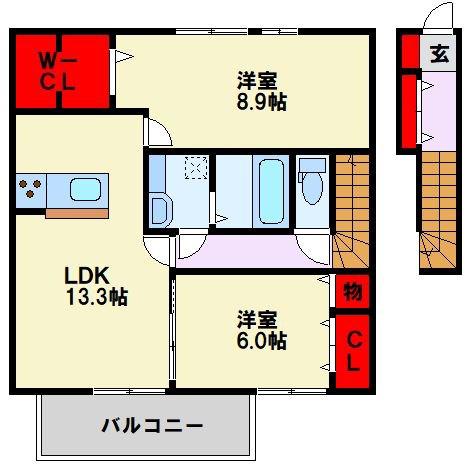 フローラ本城 C棟(2LDK/2階)の間取り写真
