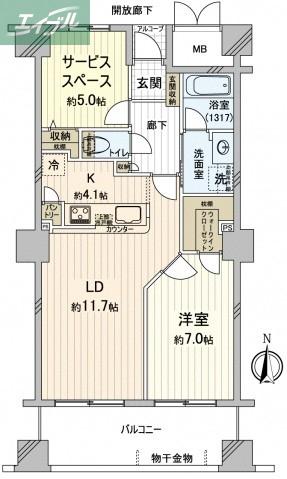 コア本町(1SLDK/13階)の間取り写真