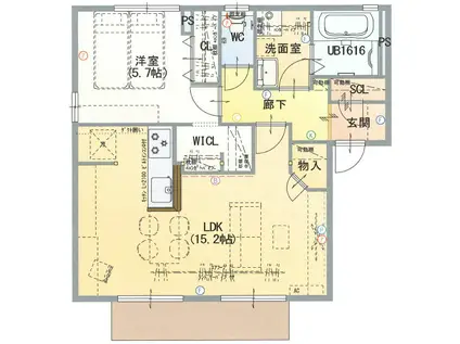 ディアスいなりA棟(1LDK/1階)の間取り写真