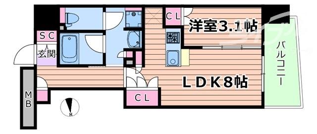 コンフォリア・リヴ本町ウエストQ(1LDK/12階)の間取り写真