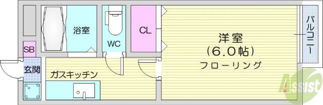ソレアード六丁目(1K/2階)の間取り写真