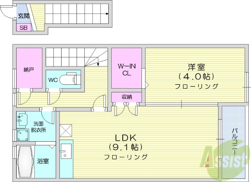 グランジュール若林(1LDK/2階)の間取り写真