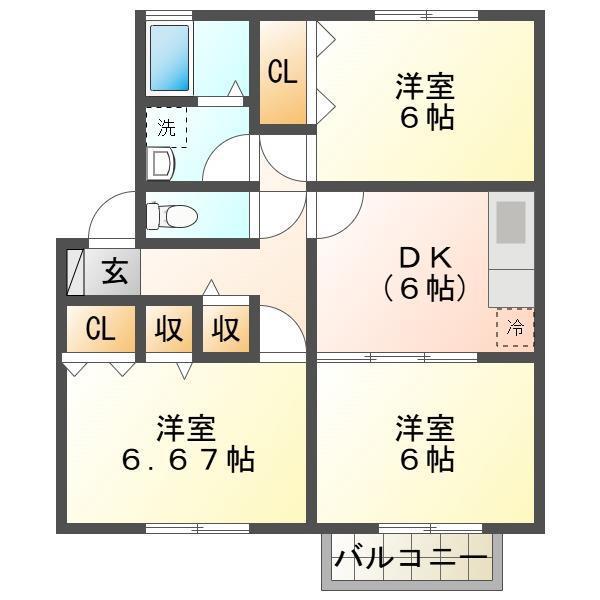ヒルサイド向陽(3DK/1階)の間取り写真