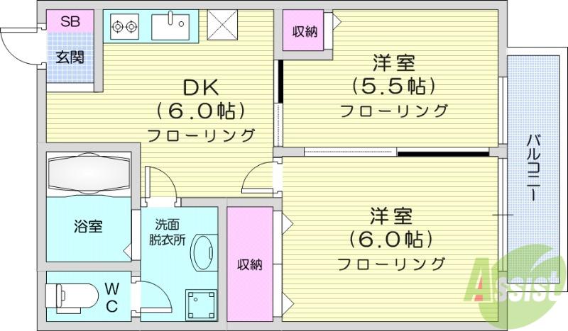 レジデンスオリーブH(2DK/1階)の間取り写真