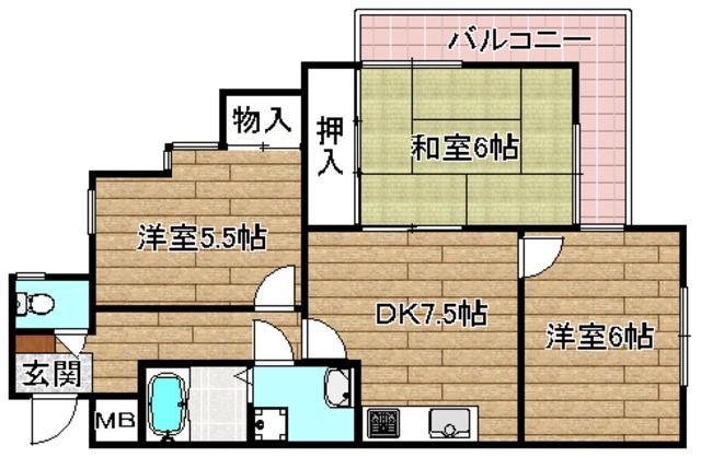 ベルハウス高槻(3DK/1階)の間取り写真