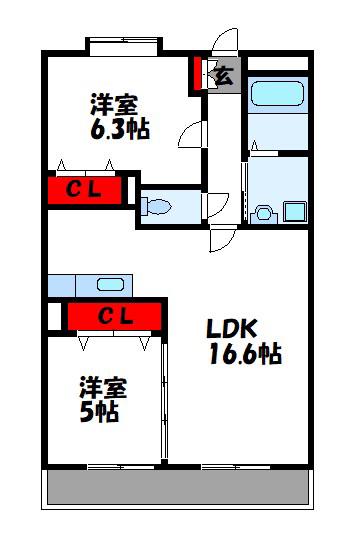 シャンブルクレールII(2LDK/1階)の間取り写真