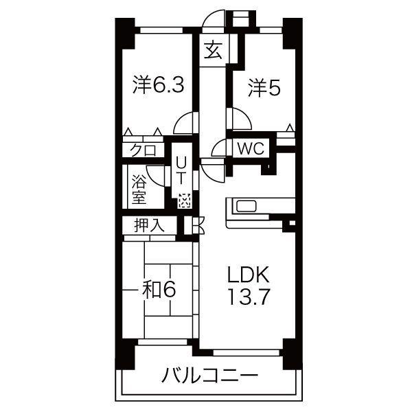 元今泉レジデンス(3LDK/12階)の間取り写真